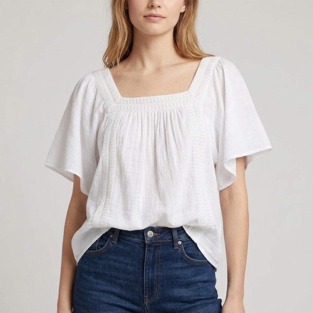 Philosophy Republic Clothing White Crochet Trim Peasant Blouse Square Neck Large